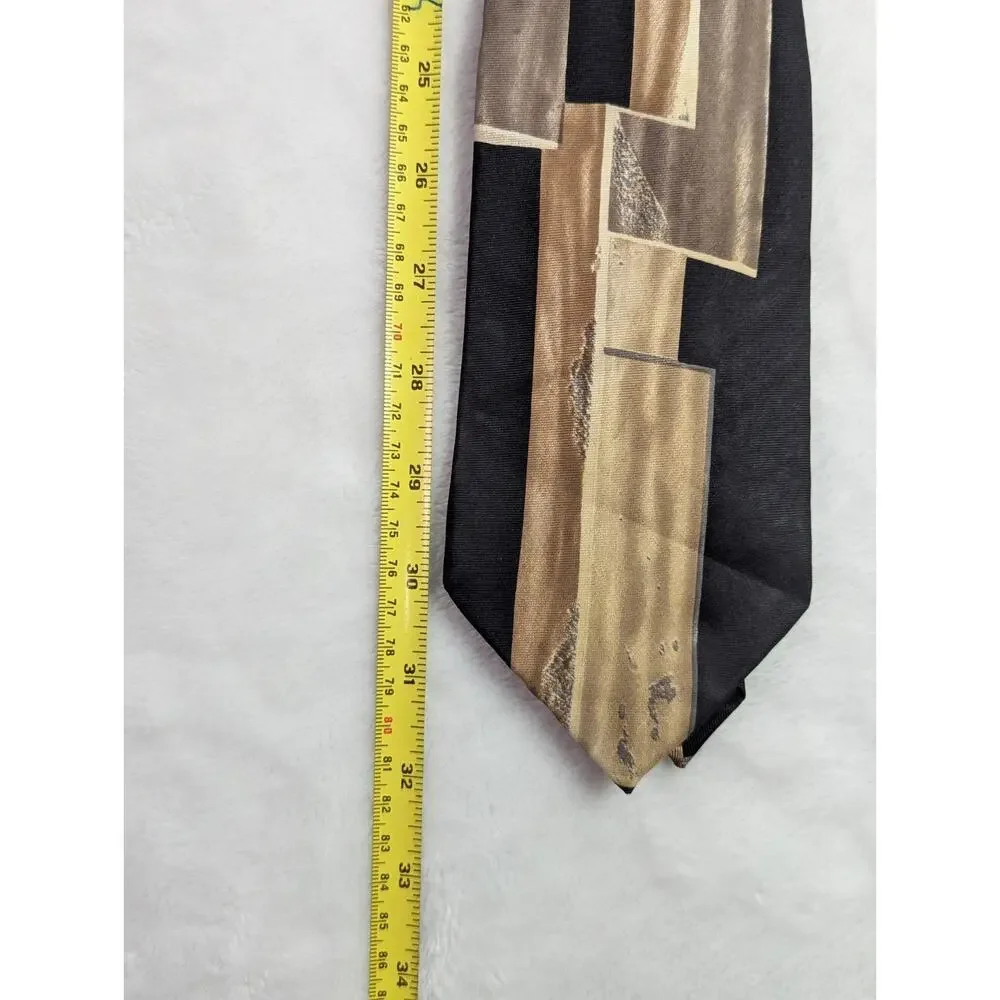 Vintage Ferracci Silk Tie Mens Black Gold Abstract Geometric 90s Italy Hand Made